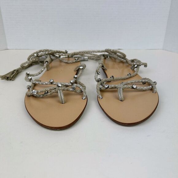 LOEFFLER RANDALL Bo Crystal Embellished Braided Ankle Tie Sandals Metallic Sz 8 - Picture 6 of 14